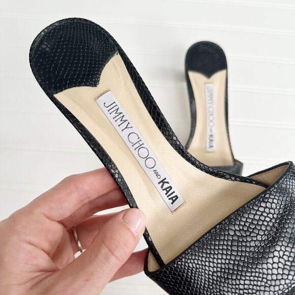Jimmy Choo x Kaia Snakeskin Sandals Slides Black Leather Trim Minimalist - Picture 3 of 8
